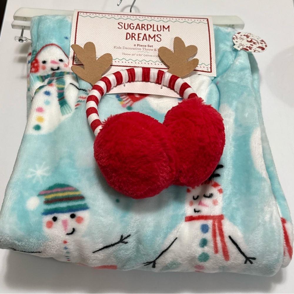 Sugarplum Dreams 2-Pc Set 50”x60” Throw Blanket & Earmuffs Colorful Snowman NWT